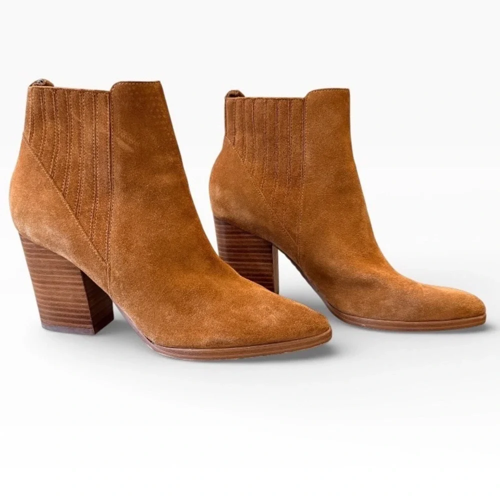 Marc‎ Fisher Gabri Camel Suede Pointed Toe Block Heel Ankle Booties Womens 9.5M
